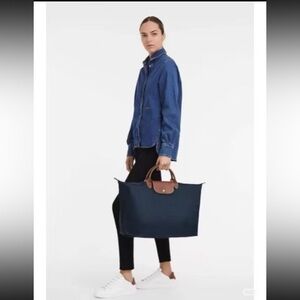 Longchamp Tote Bag extra Large navy Nylon‎ Tote Bag with Brown Leather Handles